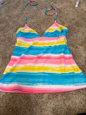 Candie's Striped One-Piece Swim Dress in Teal, Pink, Yellow, White